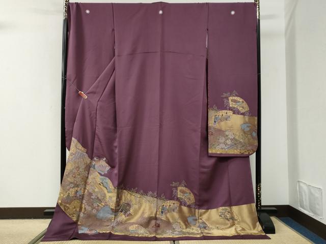 平和屋着物●豪華振袖　寿光織　地紙人物几帳御所車花文　金糸　正絹　逸品　CABI3027yc