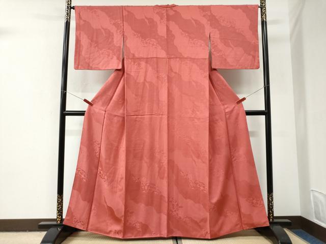 平和屋着物●上質な色無地　花唐草地紋　甚三紅色　正絹　逸品　CABI3032yc