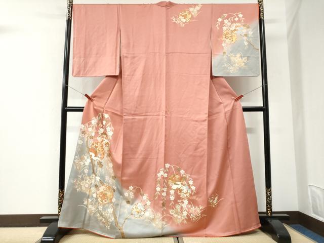 平和屋着物●訪問着　雪輪鴛鴦舞蝶花文　暈し染め　金彩　正絹　逸品　CABI3043yc