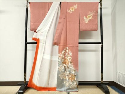 平和屋着物●訪問着　雪輪鴛鴦舞蝶花文　暈し染め　金彩　正絹　逸品　CABI3043yc
