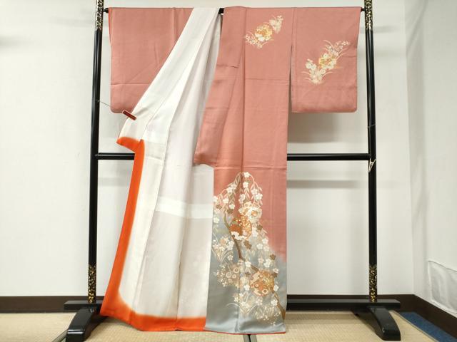 平和屋着物●訪問着　雪輪鴛鴦舞蝶花文　暈し染め　金彩　正絹　逸品　CABI3043yc