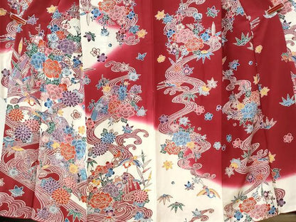 平和屋着物●豪華振袖　型染め　竜田川飛鶴草花文　暈し染め　正絹　逸品　CABI3053yc