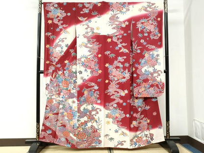 平和屋着物●豪華振袖　型染め　竜田川飛鶴草花文　暈し染め　正絹　逸品　CABI3053yc
