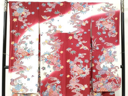 平和屋着物●豪華振袖　型染め　竜田川飛鶴草花文　暈し染め　正絹　逸品　CABI3053yc