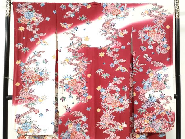 平和屋着物●豪華振袖　型染め　竜田川飛鶴草花文　暈し染め　正絹　逸品　CABI3053yc