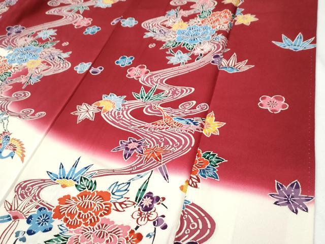 平和屋着物●豪華振袖　型染め　竜田川飛鶴草花文　暈し染め　正絹　逸品　CABI3053yc
