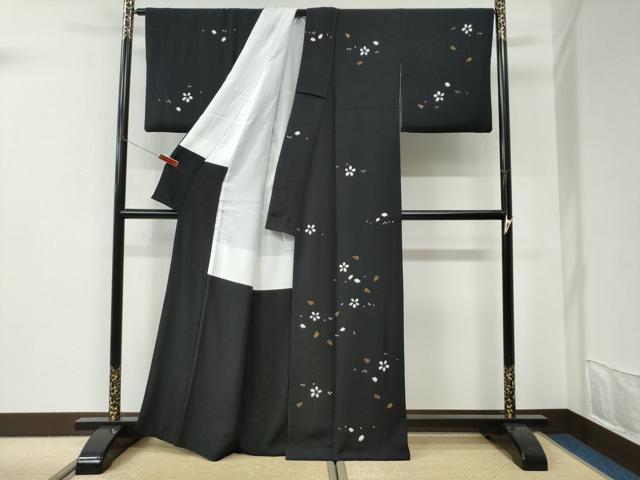 平和屋着物●訪問着　絞り　舞花文　黒地　正絹　逸品　CABI3056yc