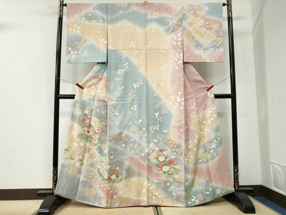平和屋着物●訪問着　雪輪吉祥草花文　暈し染め　金彩　正絹　逸品　CABI3057yc