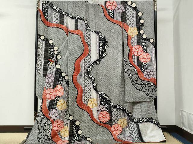 平和屋着物●豪華振袖　総絞り　道長花文　黒地　金彩　正絹　逸品　CABI3070yc