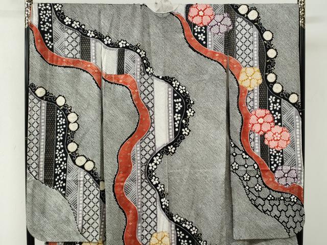 平和屋着物●豪華振袖　総絞り　道長花文　黒地　金彩　正絹　逸品　CABI3070yc