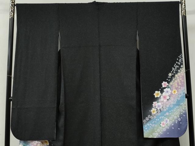 平和屋着物●豪華振袖　舞花文　黒地　銀通し地　正絹　逸品　CABI3072yc
