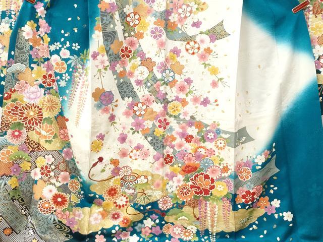 平和屋着物●豪華振袖　駒刺繍　雲取り短冊花文　暈し染め　銀通し地　正絹　逸品　CABI3073yc