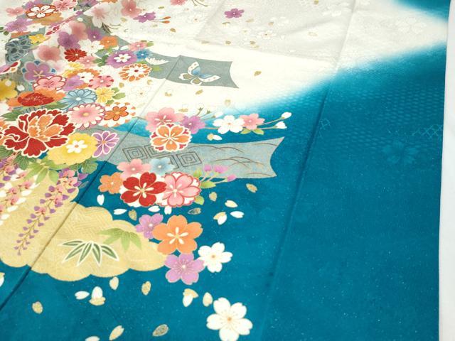 平和屋着物●豪華振袖　駒刺繍　雲取り短冊花文　暈し染め　銀通し地　正絹　逸品　CABI3073yc