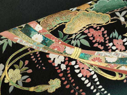平和屋着物●豪華黒留袖　作家物　束ね熨斗花松文　暈し染め　金彩　ロング丈　正絹　逸品　CABI3078yc