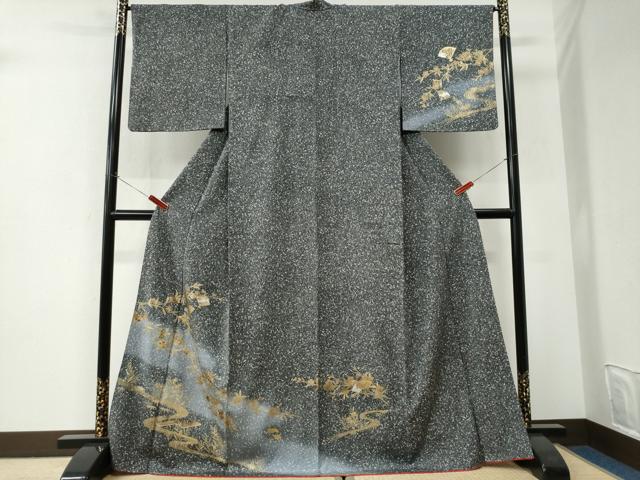 平和屋着物●訪問着　扇面流水枝桜文　暈し染め　黒地　金銀彩　正絹　逸品　CABI3104yc