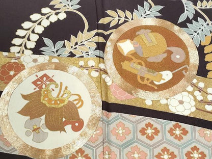平和屋着物●豪華色留袖　駒刺繍　宝尽くし吉祥花唐草文　金彩　正絹　逸品　未使用　CABI3109yc