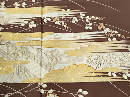 平和屋着物●豪華色留袖　駒刺繍　霞渡り橋枝花文　金彩　正絹　逸品　CABI3114yc