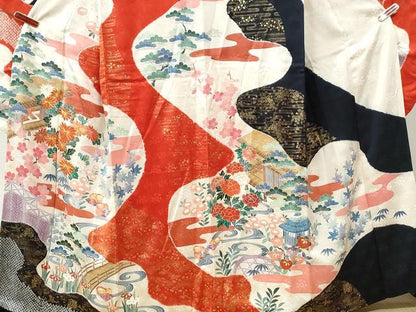 平和屋着物●豪華振袖　駒刺繍　浜松鴛鴦渡り橋風景文　金彩　正絹　逸品　CABI3126yc