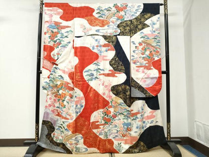 平和屋着物●豪華振袖　駒刺繍　浜松鴛鴦渡り橋風景文　金彩　正絹　逸品　CABI3126yc