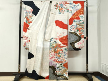 平和屋着物●豪華振袖　駒刺繍　浜松鴛鴦渡り橋風景文　金彩　正絹　逸品　CABI3126yc