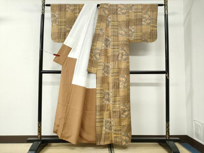 平和屋着物●上質な紬　格子花唐草文　正絹　逸品　未使用　CABI3128yc