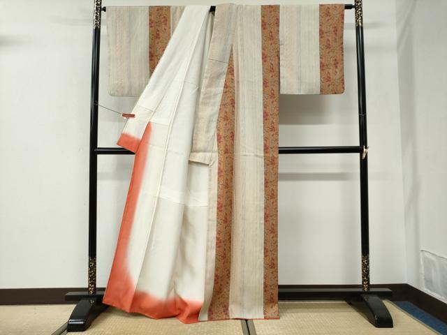 平和屋着物●上質な小紋　紬地　草花間道　正絹　逸品　CABI3130yc