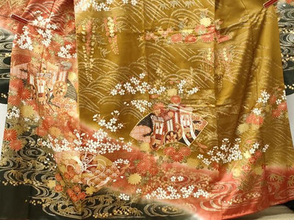 平和屋着物●豪華振袖　駒刺繍　御所車流水地紙鼓草花文　暈し染め　金彩　正絹　逸品　CABI3135yc