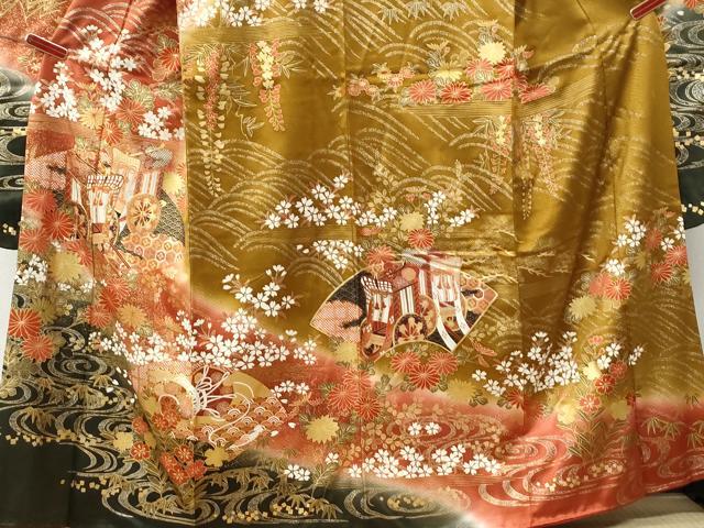 平和屋着物●豪華振袖　駒刺繍　御所車流水地紙鼓草花文　暈し染め　金彩　正絹　逸品　CABI3135yc