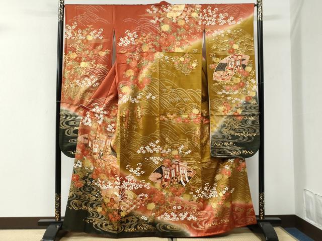 平和屋着物●豪華振袖　駒刺繍　御所車流水地紙鼓草花文　暈し染め　金彩　正絹　逸品　CABI3135yc