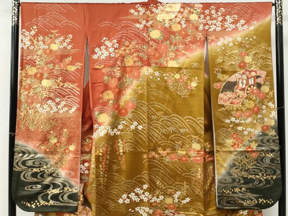 平和屋着物●豪華振袖　駒刺繍　御所車流水地紙鼓草花文　暈し染め　金彩　正絹　逸品　CABI3135yc