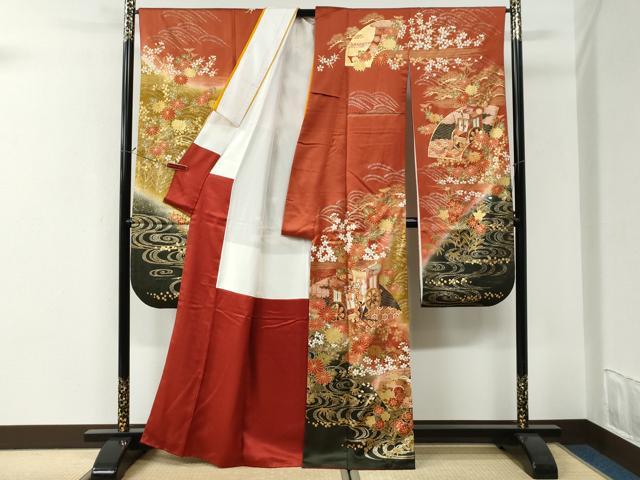 平和屋着物●豪華振袖　駒刺繍　御所車流水地紙鼓草花文　暈し染め　金彩　正絹　逸品　CABI3135yc