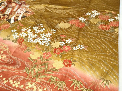 平和屋着物●豪華振袖　駒刺繍　御所車流水地紙鼓草花文　暈し染め　金彩　正絹　逸品　CABI3135yc