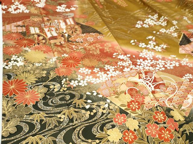 平和屋着物●豪華振袖　駒刺繍　御所車流水地紙鼓草花文　暈し染め　金彩　正絹　逸品　CABI3135yc