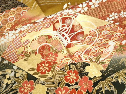 平和屋着物●豪華振袖　駒刺繍　御所車流水地紙鼓草花文　暈し染め　金彩　正絹　逸品　CABI3135yc