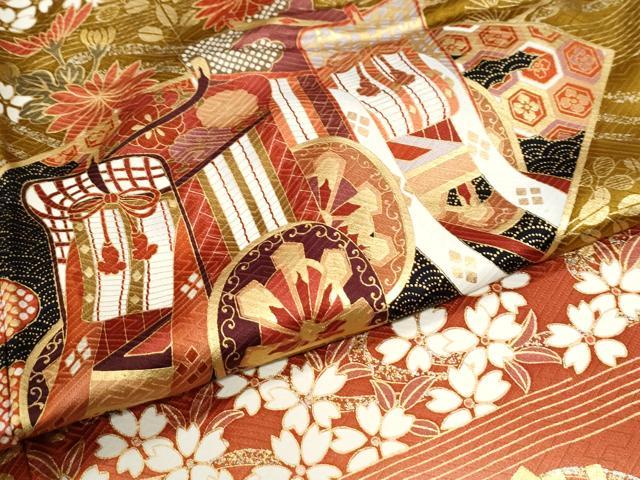 平和屋着物●豪華振袖　駒刺繍　御所車流水地紙鼓草花文　暈し染め　金彩　正絹　逸品　CABI3135yc