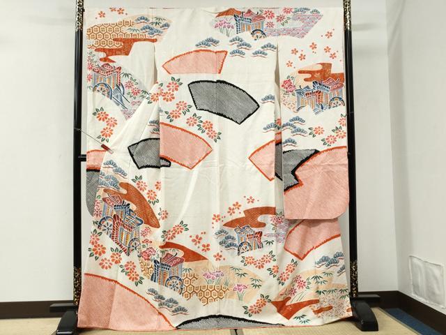 平和屋着物●名門　藤娘きぬたや・総絞り　振袖　地紙御所車吉祥花松文　金彩　正絹　逸品　CABI3139yc