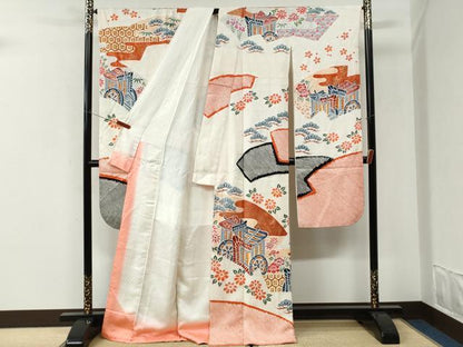 平和屋着物●名門　藤娘きぬたや・総絞り　振袖　地紙御所車吉祥花松文　金彩　正絹　逸品　CABI3139yc