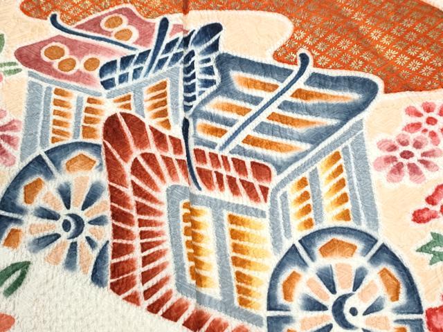 平和屋着物●名門　藤娘きぬたや・総絞り　振袖　地紙御所車吉祥花松文　金彩　正絹　逸品　CABI3139yc