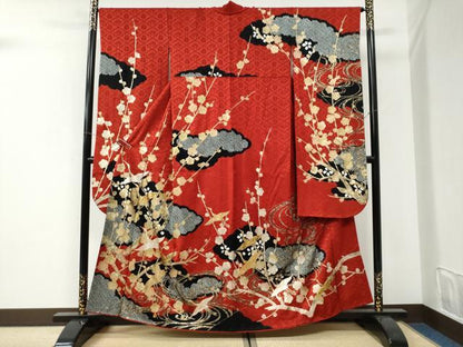 平和屋着物●豪華振袖　絞り　雲取り飛鶴枝梅文　金彩　正絹　逸品　CABI3143yc