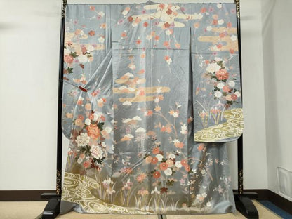 平和屋着物●豪華振袖　駒刺繍　流水草花文　暈し染め　金彩　正絹　逸品　CABI3151yc