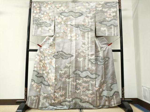 平和屋着物●訪問着　絞り　雲取り笹竹枝花文　金彩　正絹　逸品　CABI3152yc