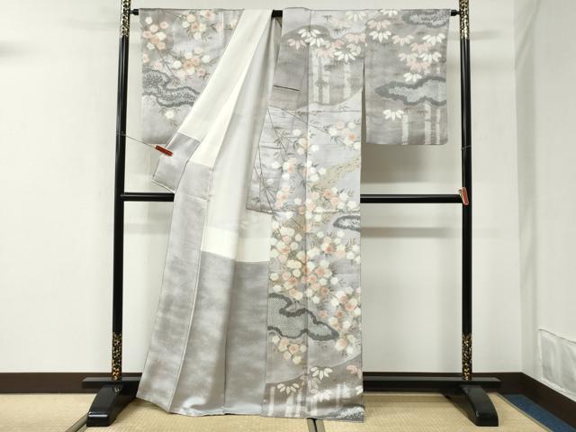 平和屋着物●訪問着　絞り　雲取り笹竹枝花文　金彩　正絹　逸品　CABI3152yc