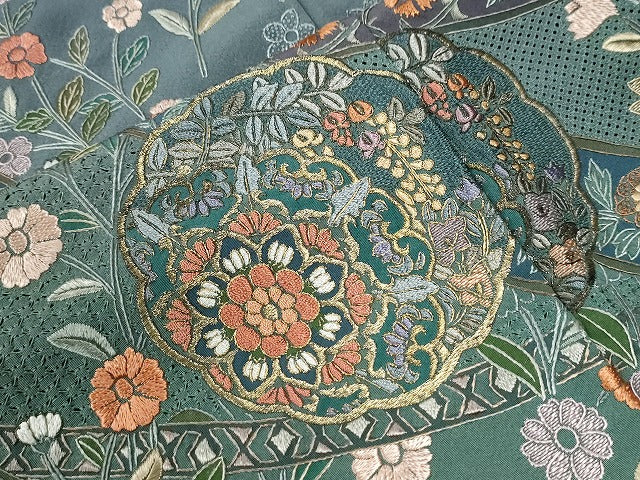 平和屋着物●中国三大刺繍　スワトウ刺繍　総刺繍　訪問着　鬘帯更紗草花文　暈し染め　金彩　ロング丈　正絹　逸品　CABI3154yc