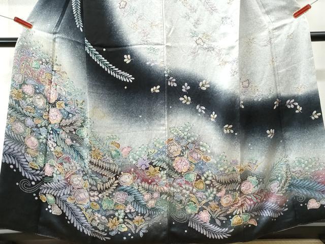 平和屋着物●訪問着　辻が花　絞り　黒地　金彩　正絹　逸品　CABI3156yc