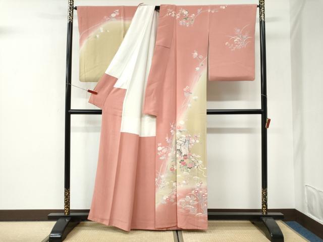 平和屋着物●訪問着　友禅　浜松御所車鴛鴦花文　暈し染め　正絹　逸品　CABI3161yc