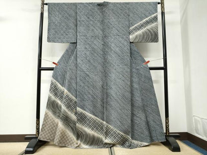 平和屋着物●訪問着　総絞り　刺繍　檜垣吉祥花文　暈し染め　黒地　金彩　正絹　逸品　未使用　CABI3163yc