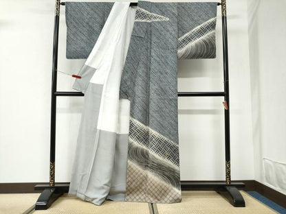 平和屋着物●訪問着　総絞り　刺繍　檜垣吉祥花文　暈し染め　黒地　金彩　正絹　逸品　未使用　CABI3163yc