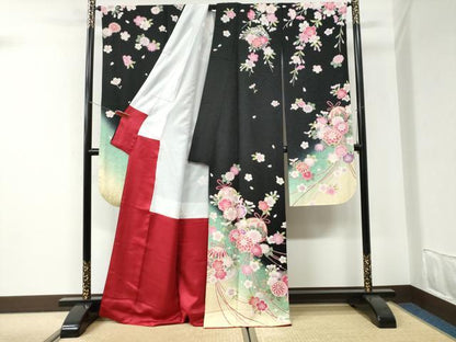 平和屋着物●豪華振袖　毬舞花文　暈し染め　黒地　金通し地　正絹　逸品　CABI3167yc