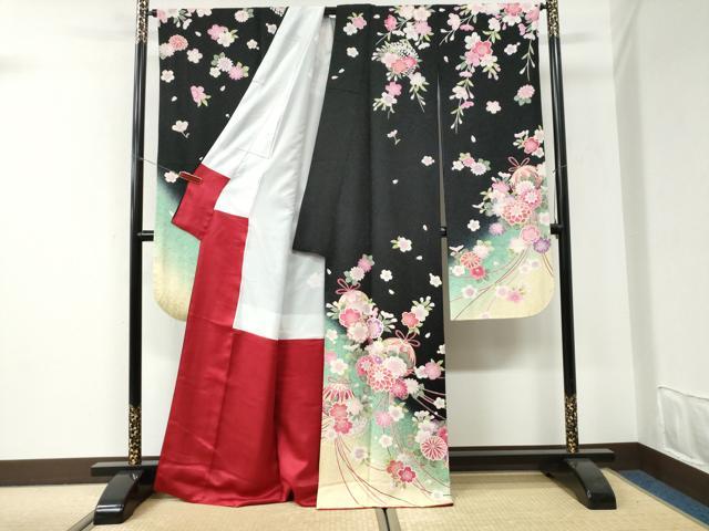 平和屋着物●豪華振袖　毬舞花文　暈し染め　黒地　金通し地　正絹　逸品　CABI3167yc