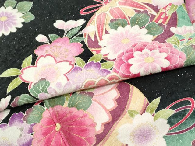平和屋着物●豪華振袖　毬舞花文　暈し染め　黒地　金通し地　正絹　逸品　CABI3167yc